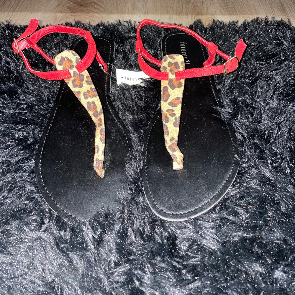 Red and cheetah print thong sandals
